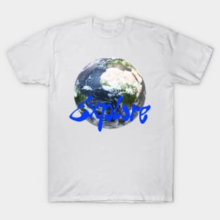 Explore Earth: Streetwear Design with Playful Blue Typography T-Shirt